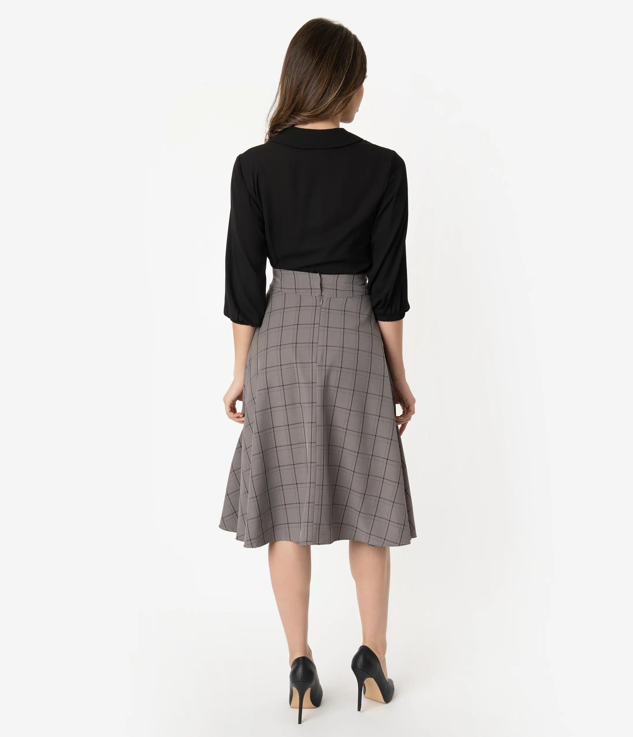 Unique Vintage Retro Style Grey & Black Windowpane High Waist Vivien Swing Skirt