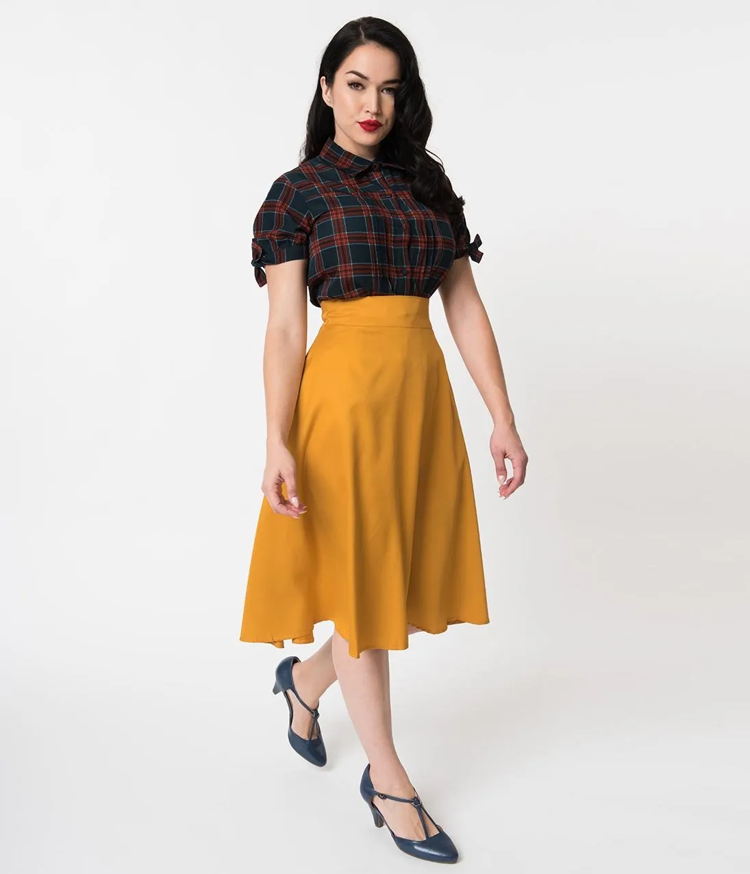 Unique Vintage Retro Style Mustard Yellow High Waist Vivien Swing Skirt