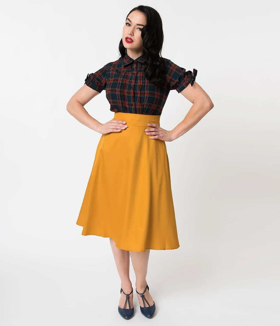 Unique Vintage Retro Style Mustard Yellow High Waist Vivien Swing Skirt