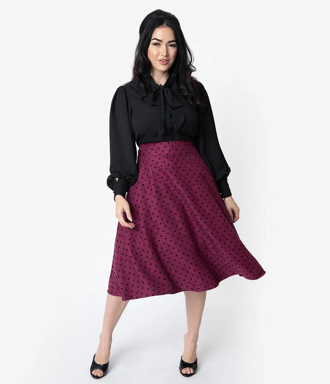 Unique Vintage Retro Style Plum & Black Polka Dot High Waist Vivien Swing Skirt