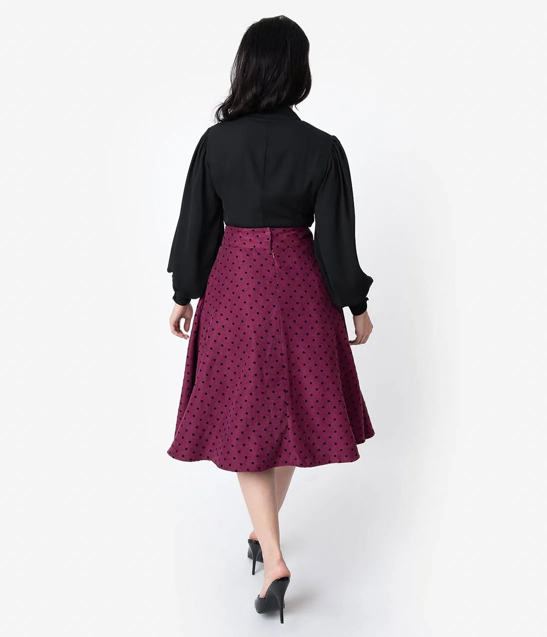 Unique Vintage Retro Style Plum & Black Polka Dot High Waist Vivien Swing Skirt