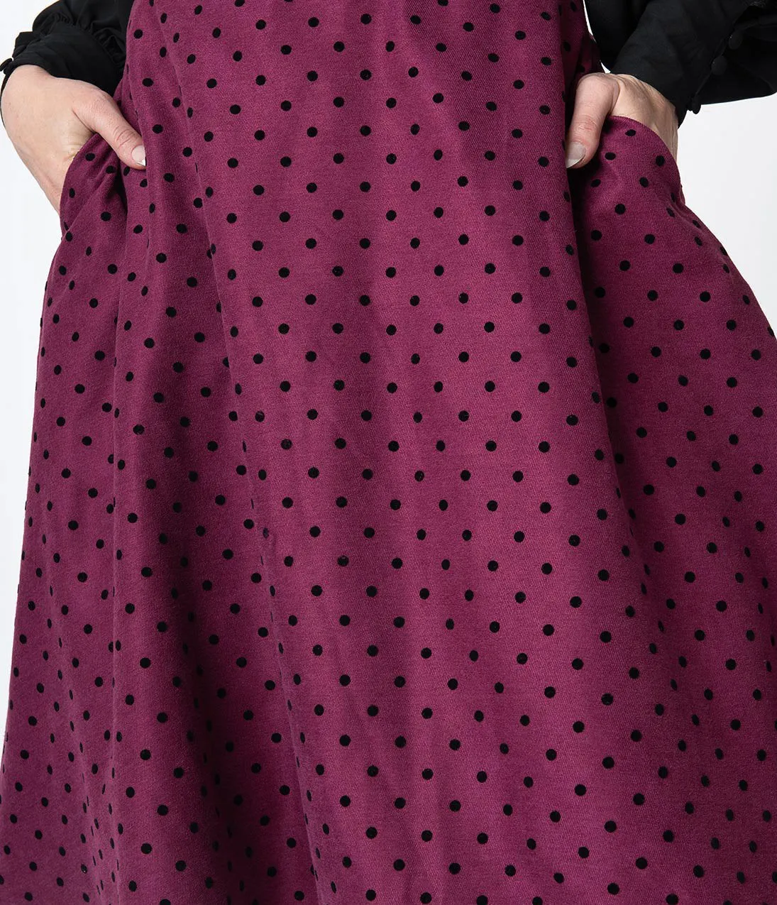 Unique Vintage Retro Style Plum & Black Polka Dot High Waist Vivien Swing Skirt