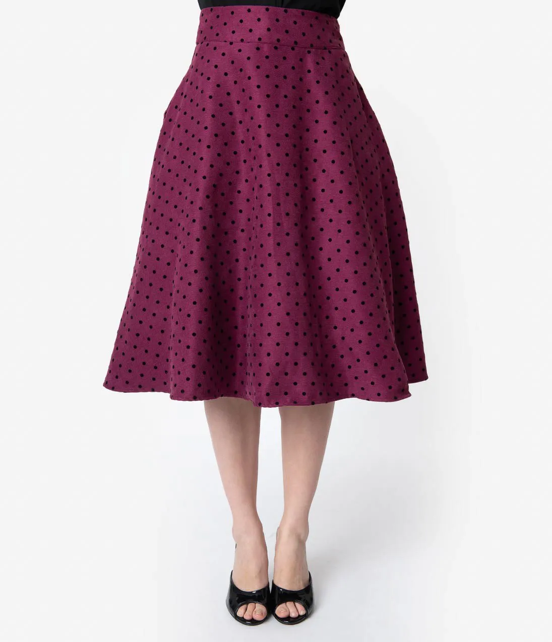 Unique Vintage Retro Style Plum & Black Polka Dot High Waist Vivien Swing Skirt