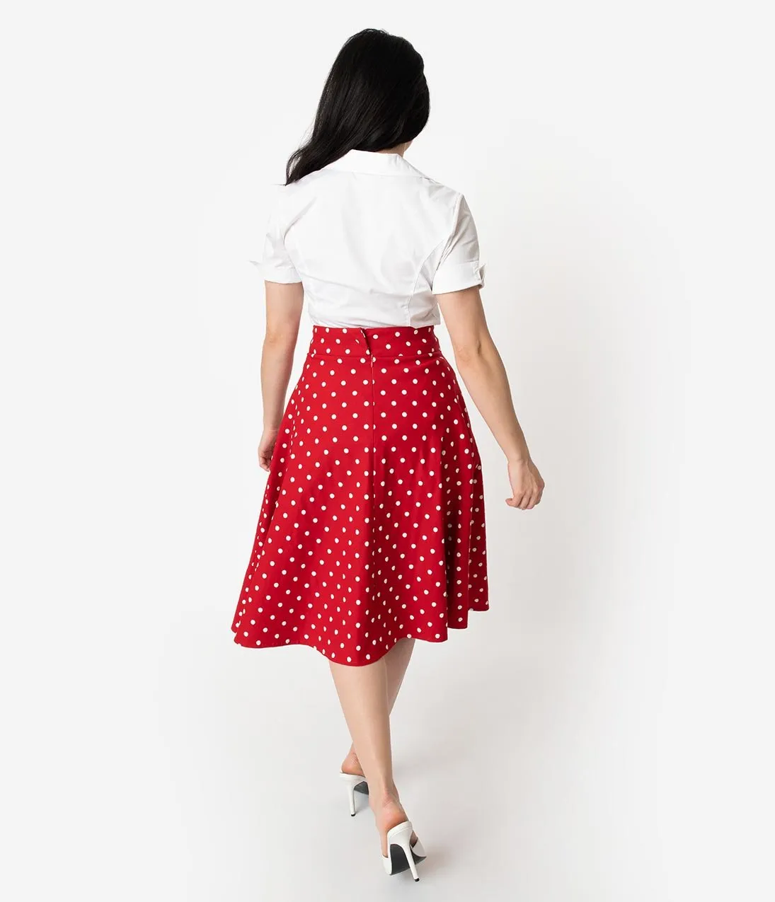 Unique Vintage Retro Style Red & White Polka Dot High Waist Vivien Swing Skirt