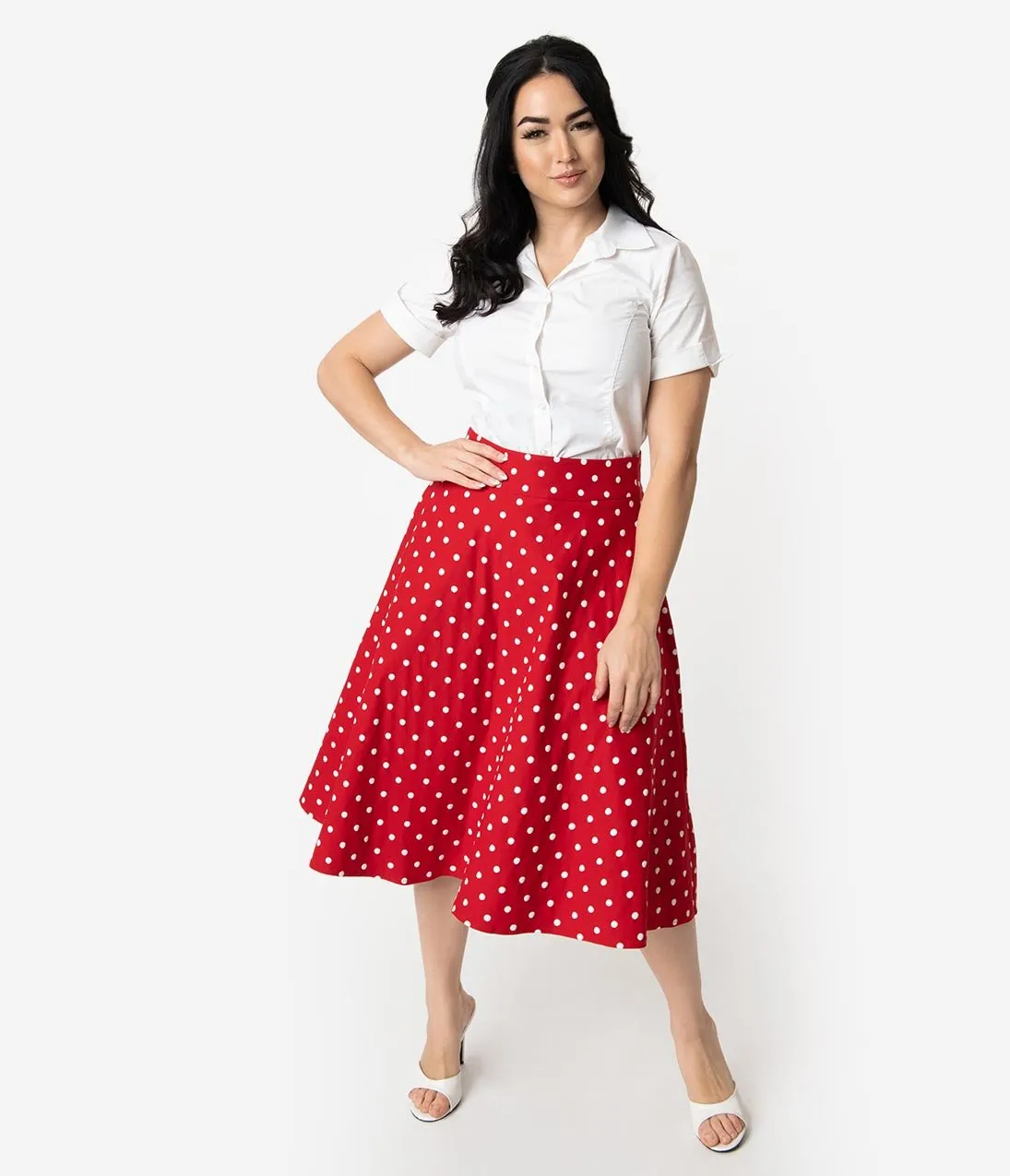 Unique Vintage Retro Style Red & White Polka Dot High Waist Vivien Swing Skirt