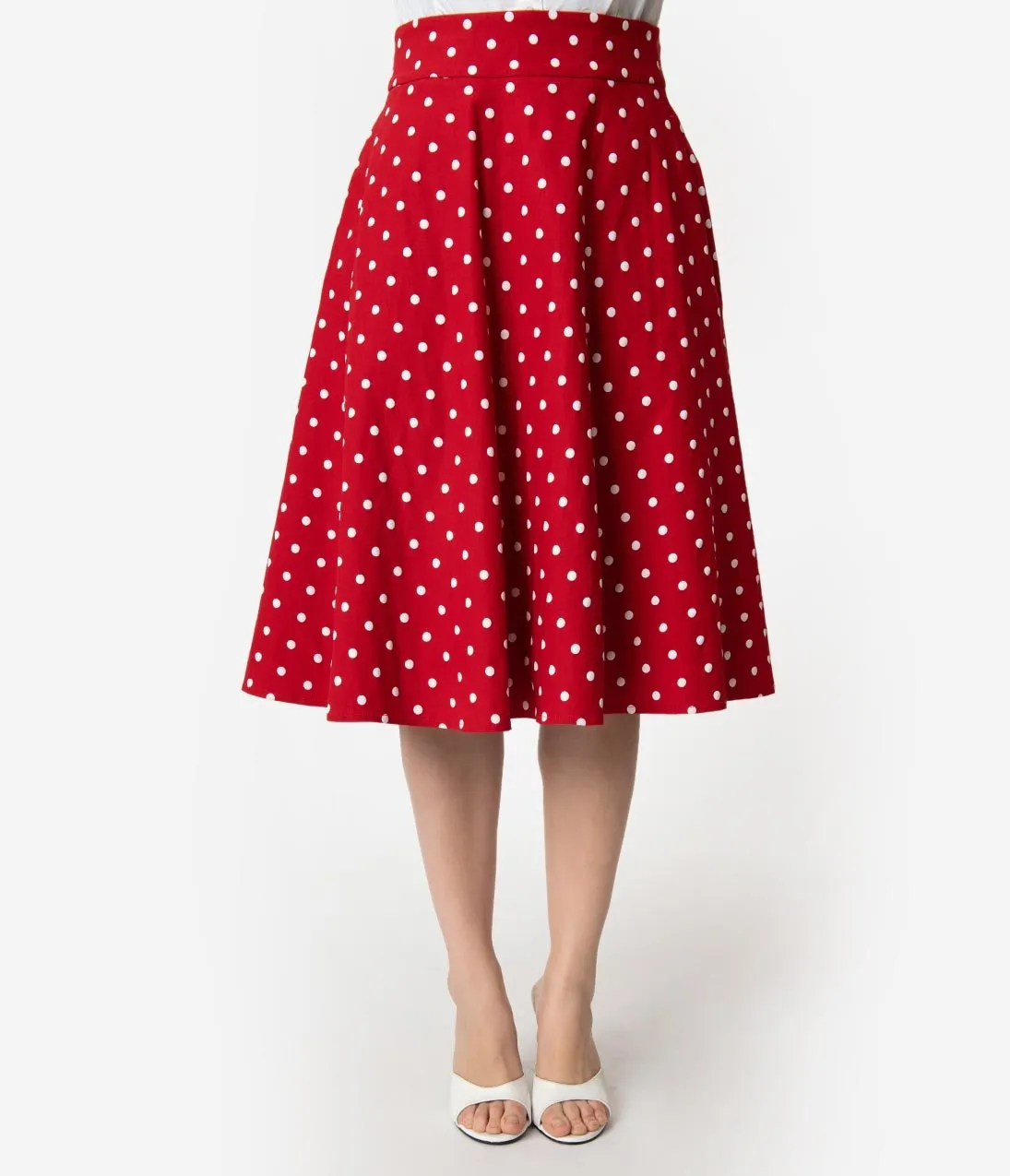 Unique Vintage Retro Style Red & White Polka Dot High Waist Vivien Swing Skirt