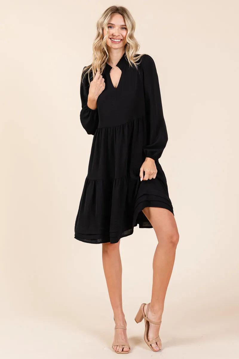 V Neck Long Sleeve Tiered Ruffle Hem Dress