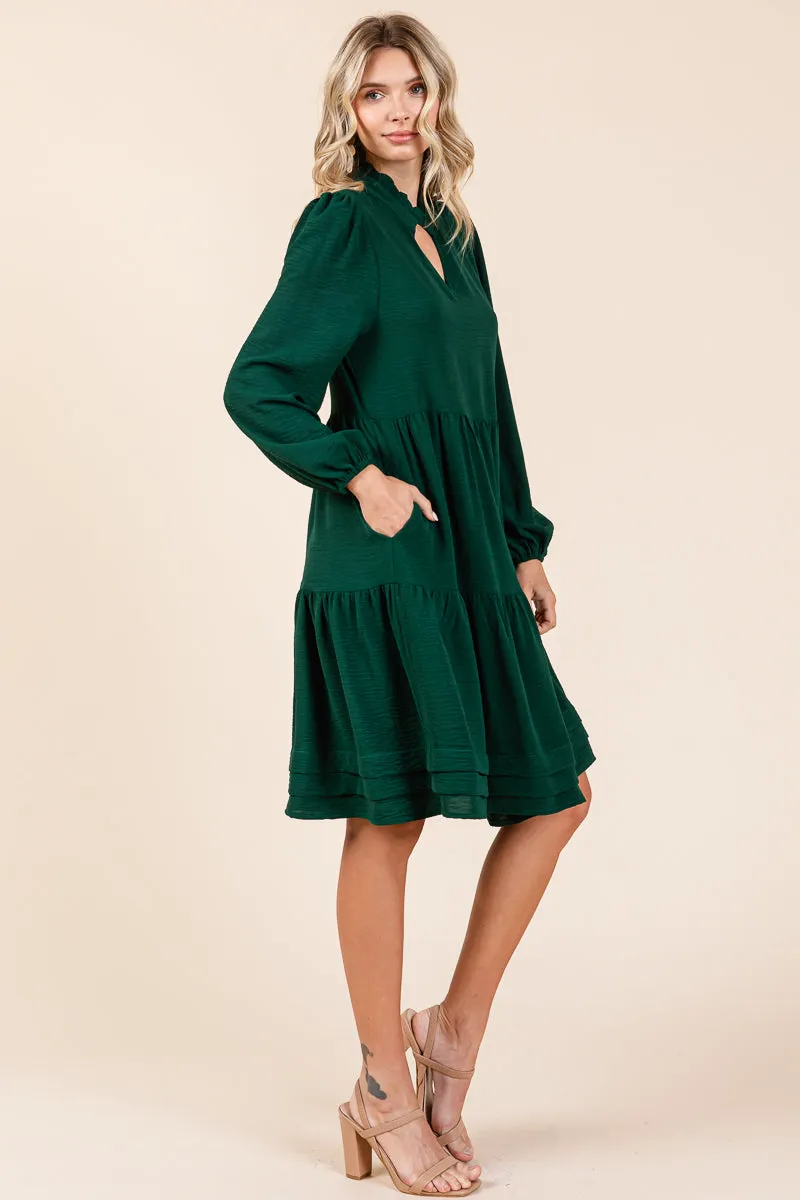 V Neck Long Sleeve Tiered Ruffle Hem Dress