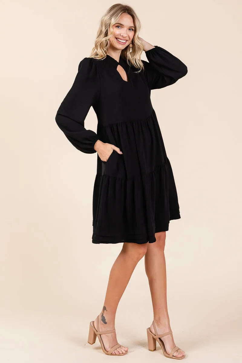 V Neck Long Sleeve Tiered Ruffle Hem Dress