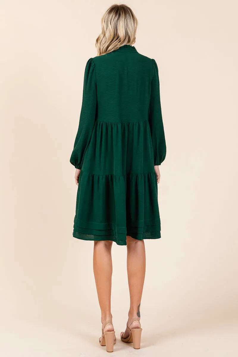 V Neck Long Sleeve Tiered Ruffle Hem Dress