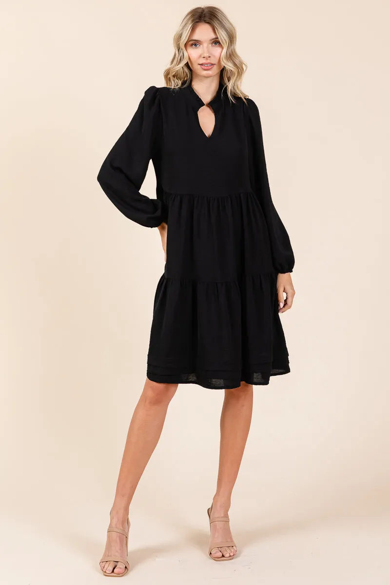 V Neck Long Sleeve Tiered Ruffle Hem Dress