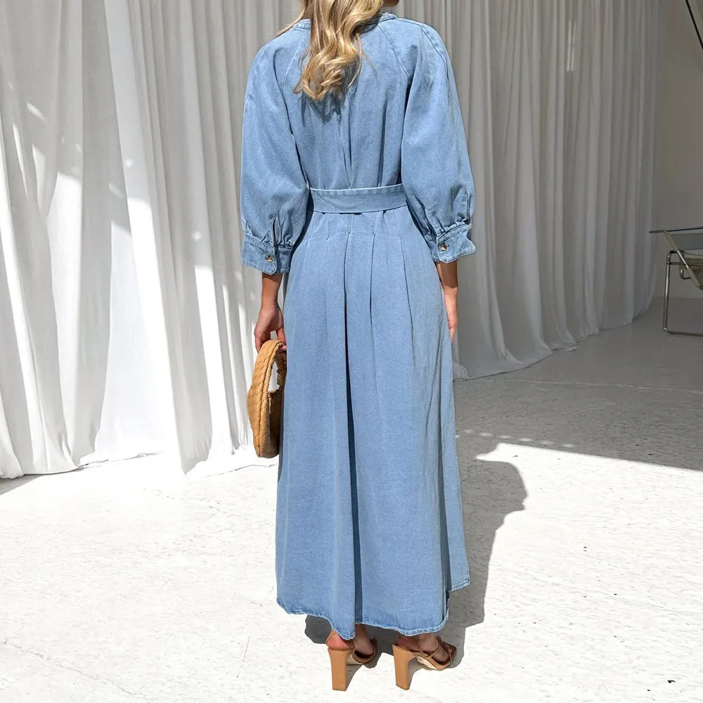 V-neck Tie Waist Button Denim Dress