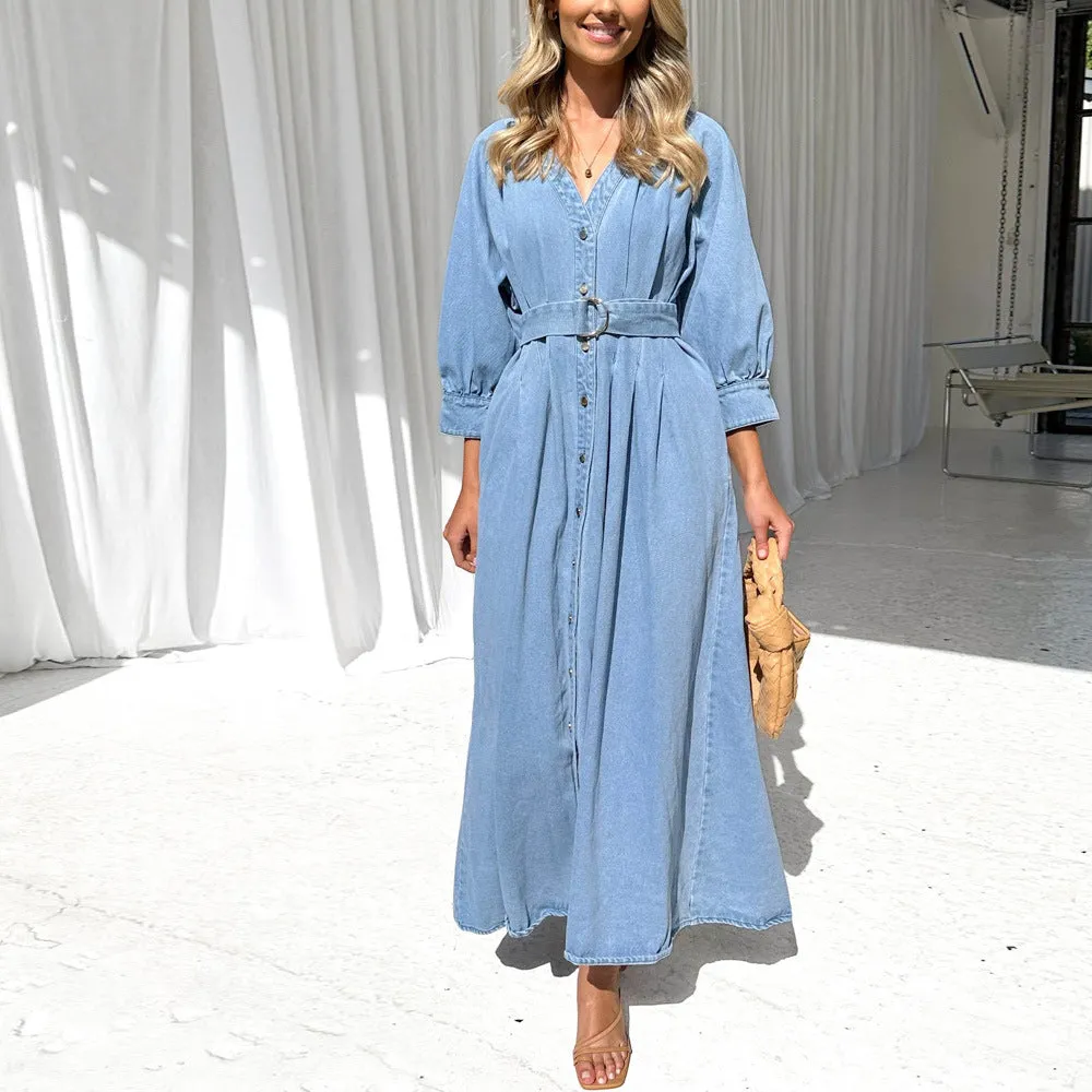 V-neck Tie Waist Button Denim Dress