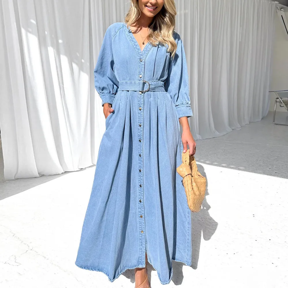 V-neck Tie Waist Button Denim Dress