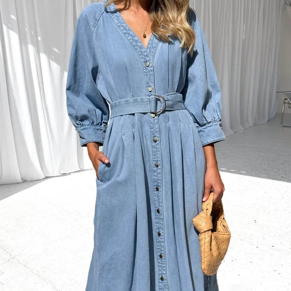 V-neck Tie Waist Button Denim Dress