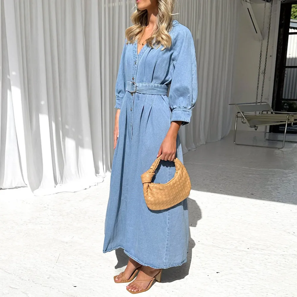 V-neck Tie Waist Button Denim Dress