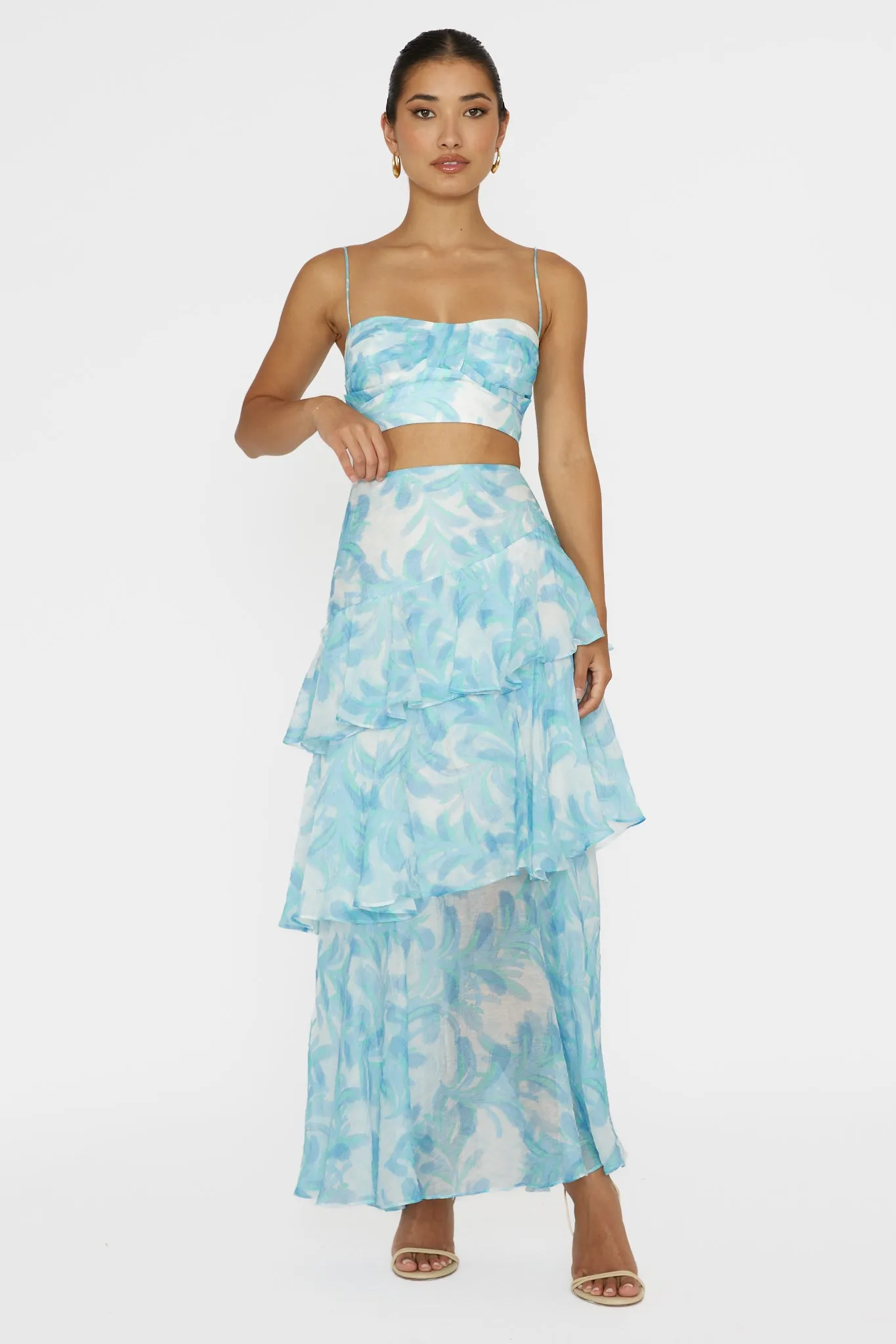 Veda Tiered Ruffle Maxi Skirt Floral Blue