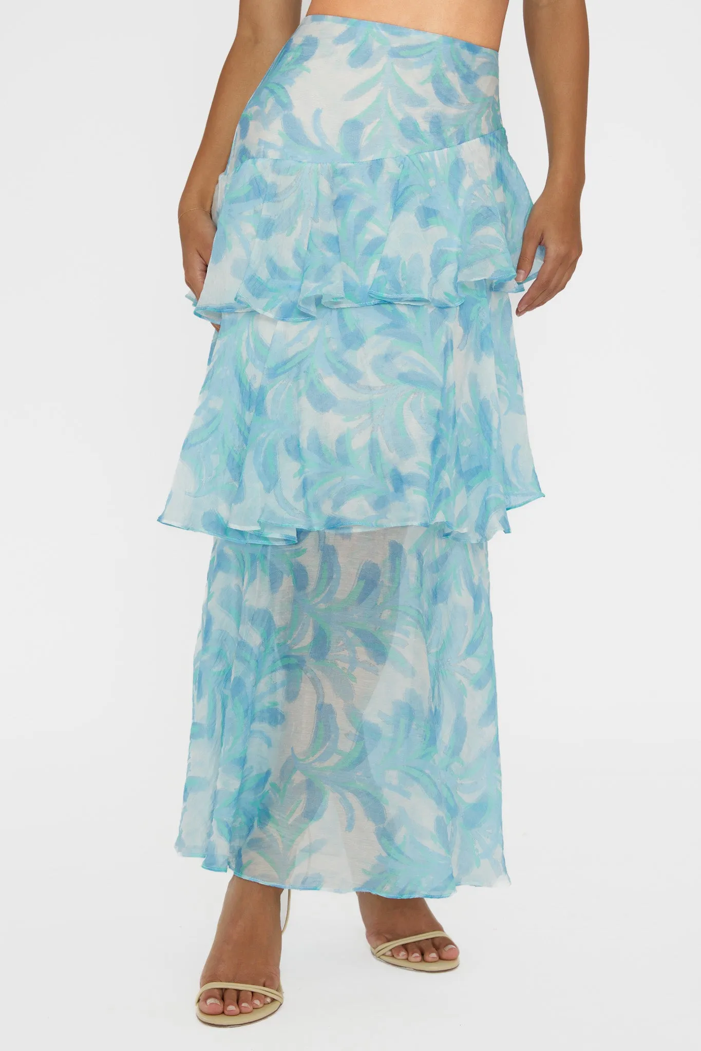 Veda Tiered Ruffle Maxi Skirt Floral Blue