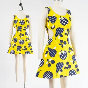 Vintage 60s Mod Yellow Fruit Print Cotton A-line Dress with Midriff Waist Cut Outs size XS S