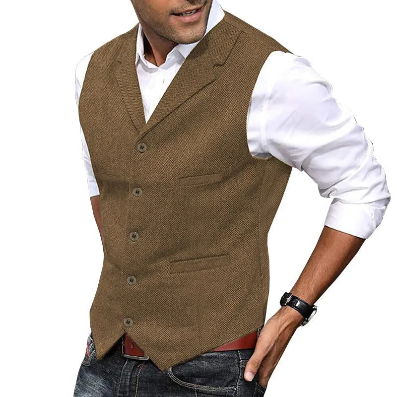 Vintage Herringbone Lapel Single Breasted Slim Vest