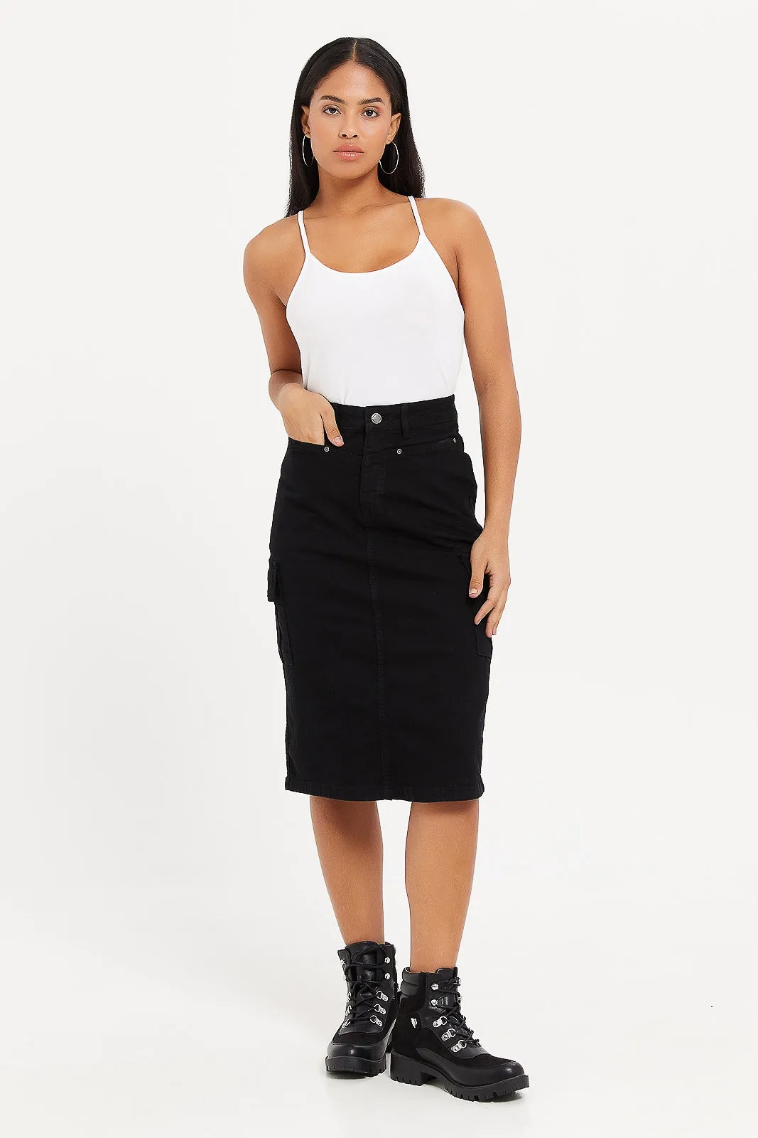 Women Black Button Front Cargo Skirt