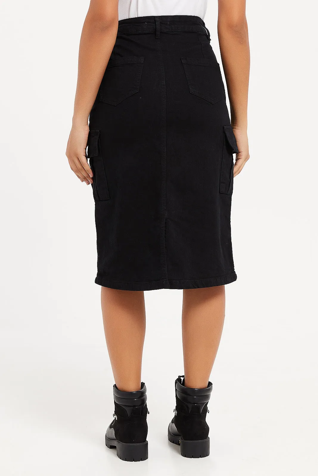 Women Black Button Front Cargo Skirt