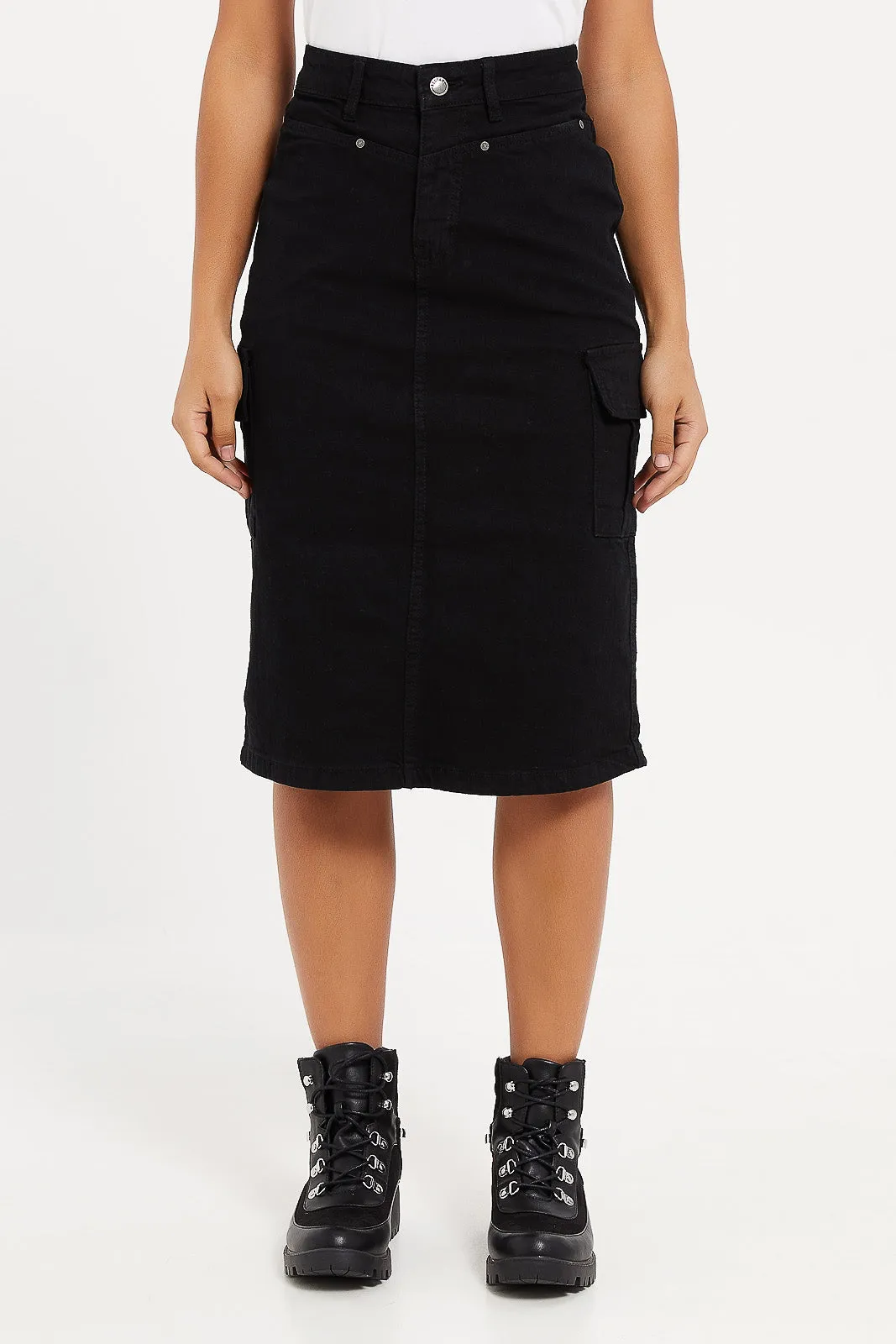 Women Black Button Front Cargo Skirt