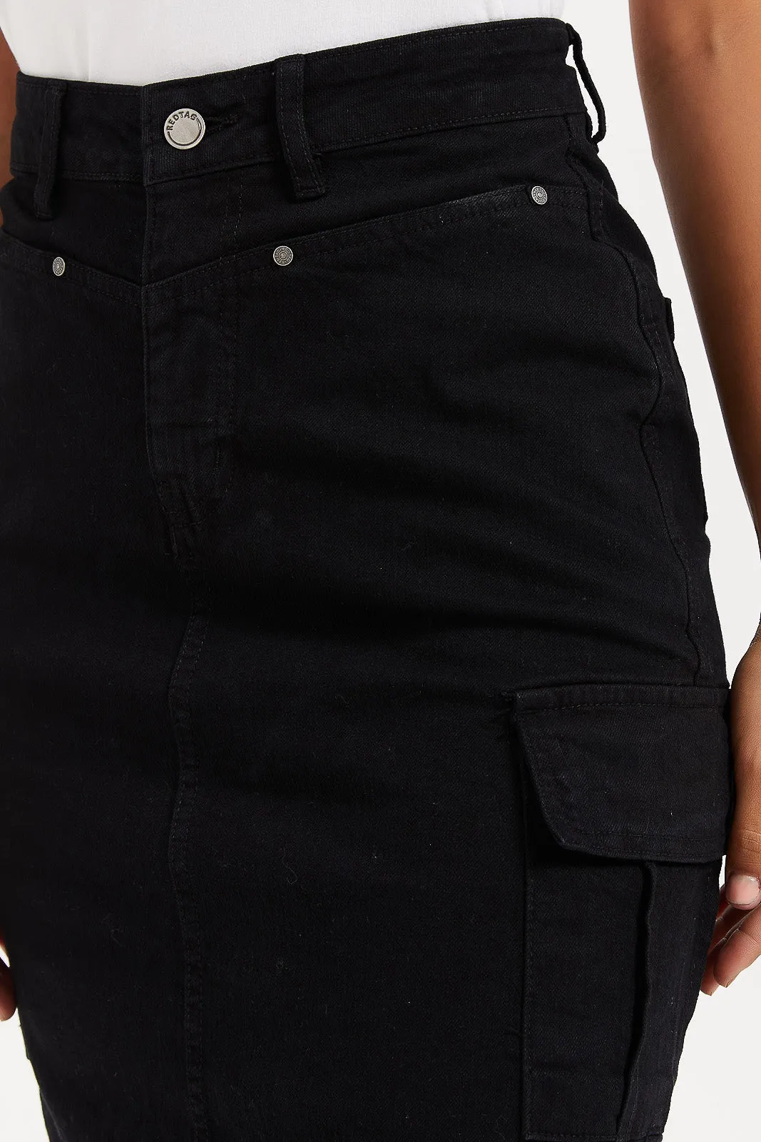 Women Black Button Front Cargo Skirt